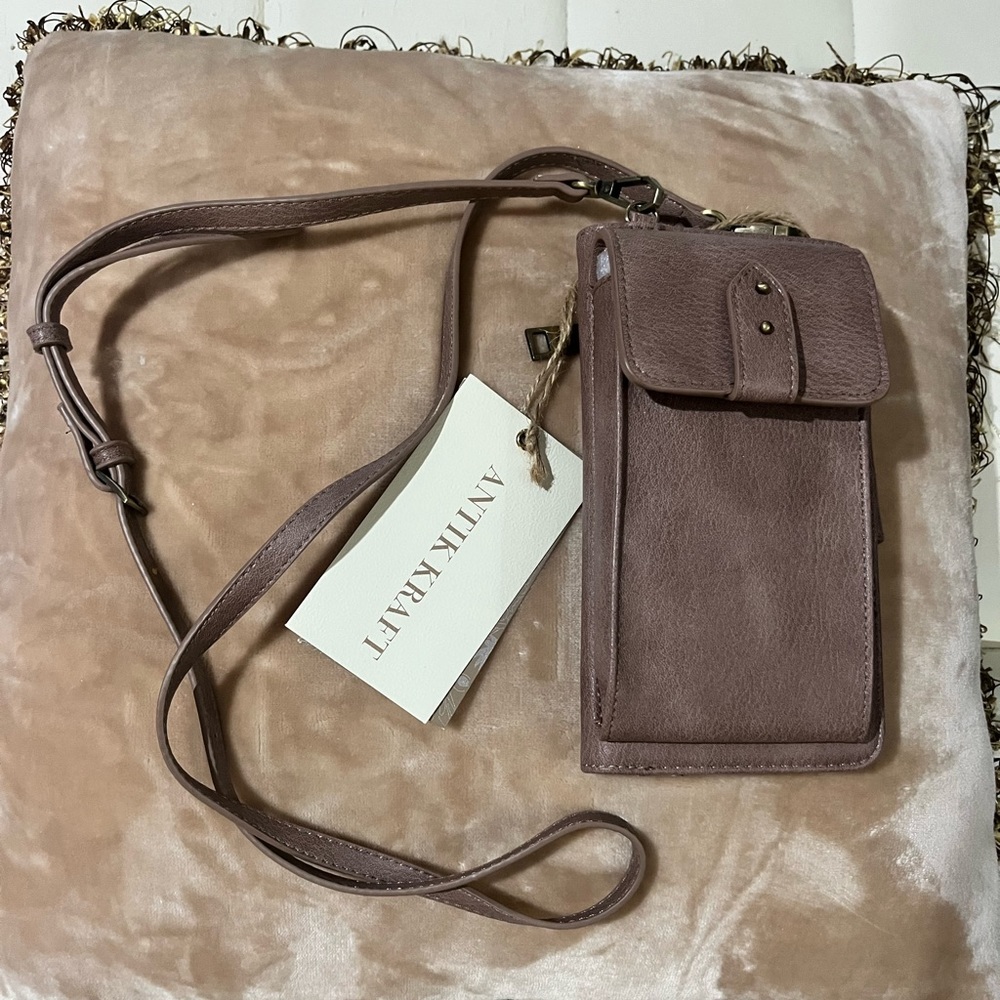 ANTIK KRAFT vegan taupe crossbody wallet. Great for traveling or everyday.